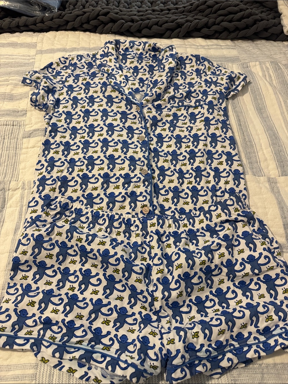 Roller Rabbit Blue Monkey-Print Short Sleeve Mini Romper